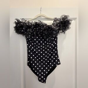 Black Polka Dot One-Piece Swimsuit with Ruffle Off-Shoulder Trim